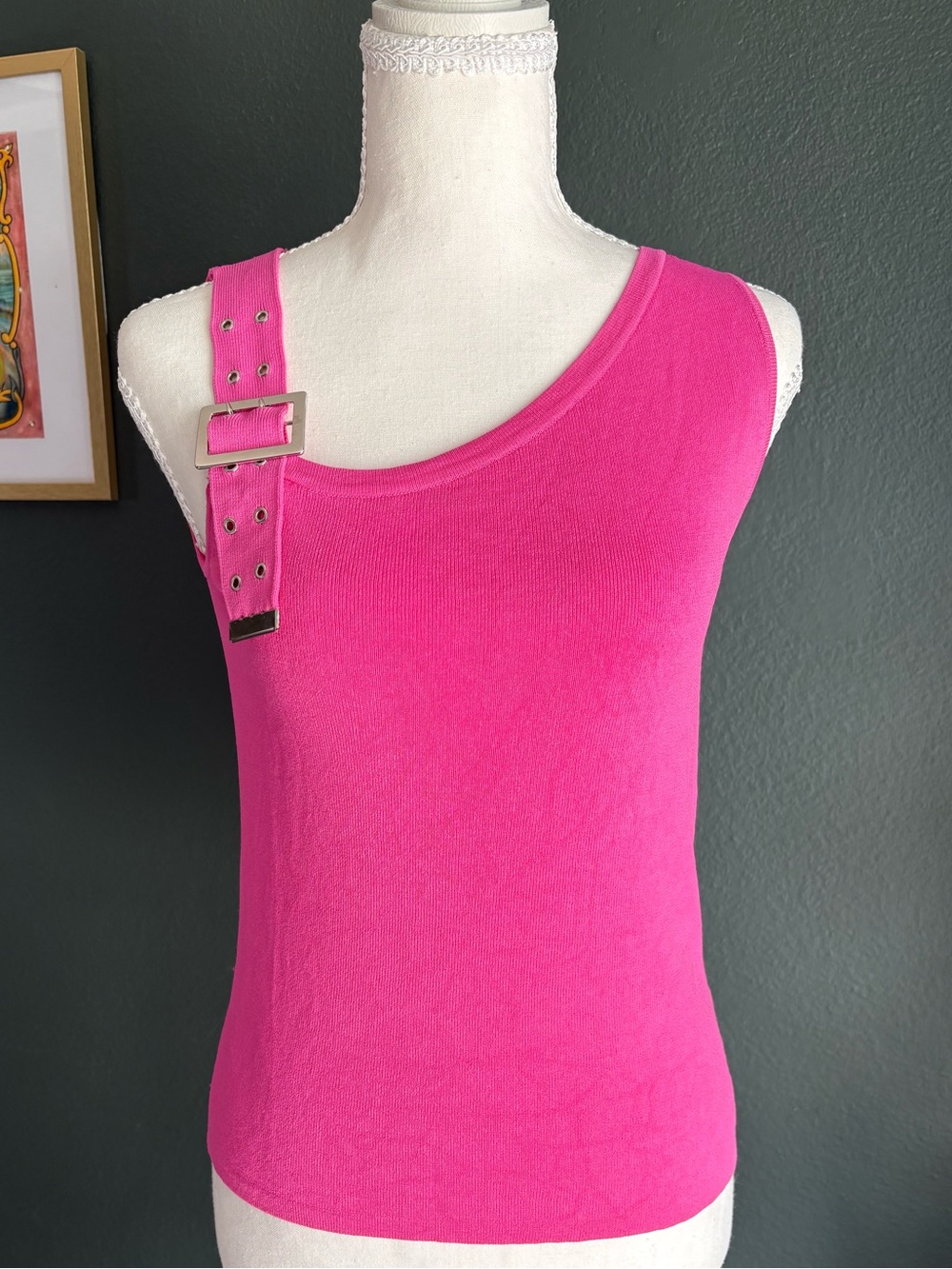 VTG Joseph A Pink Knit Tank Top Buckle Grommet Shoulder Womens S 80s 90s
